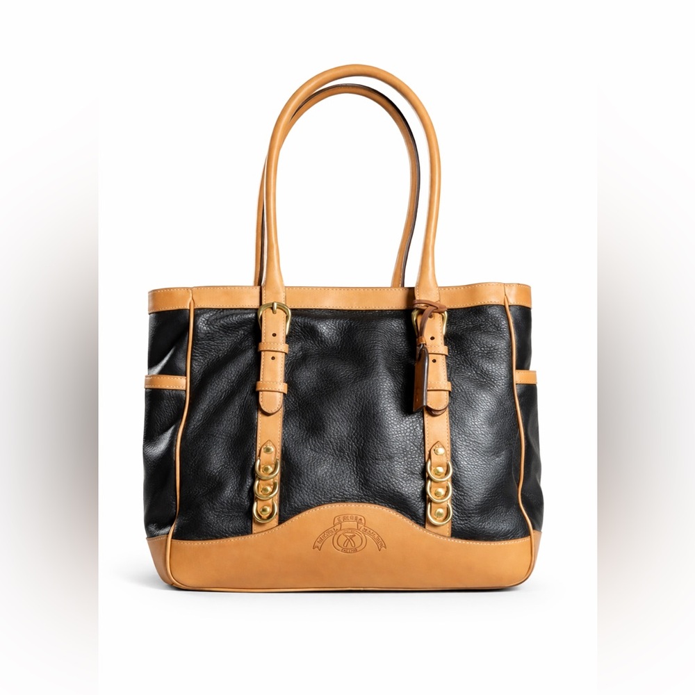 Ghurka Pebbled Leather Tote Bag Black & Tan Large Luxury